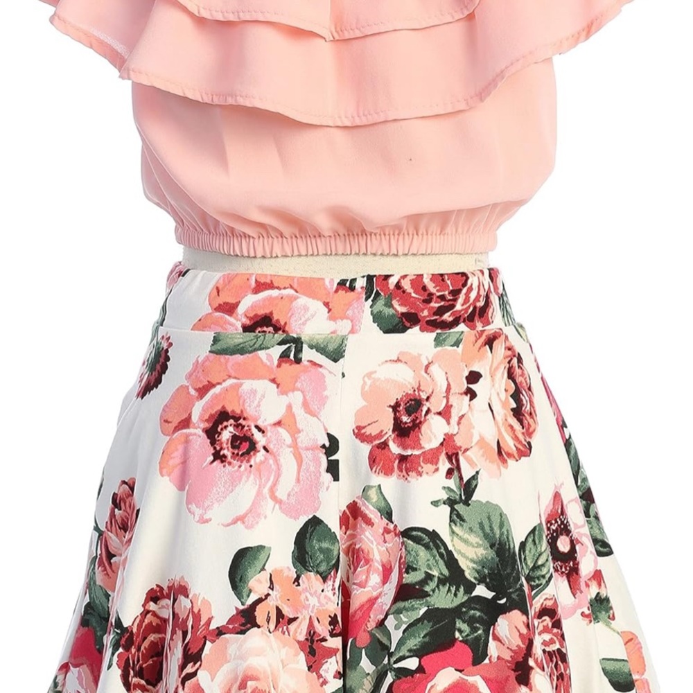 Cold Shoulder Crop Top Ruffle Layered Top & Flower Girl Skirt Set, Girls 8